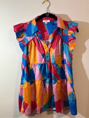 Umgee blouse women’s small multi-color abstract geometric print flutter sleeves